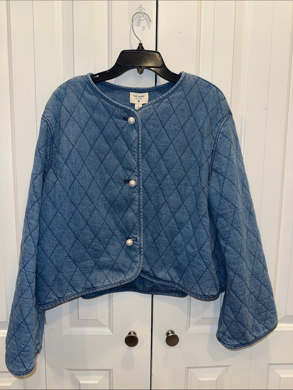 kate spade Quilted Pearl-Button Denim Jacket in Light Blue